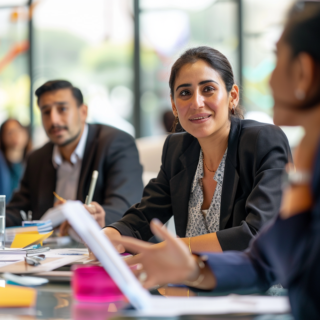 Vrouw donker haar in meeting